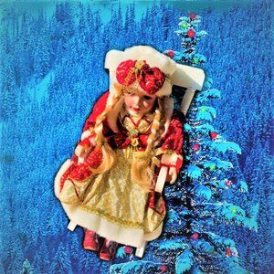 Vintage Beautiful Porcelain Doll in Wood Rocking Chair